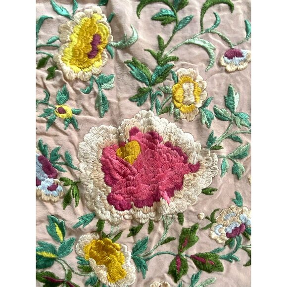 Antique Vintage Piano Shawl Embroidered Pink Silk Art Nouveau LARGE 68”x68” - Picture 3 of 13